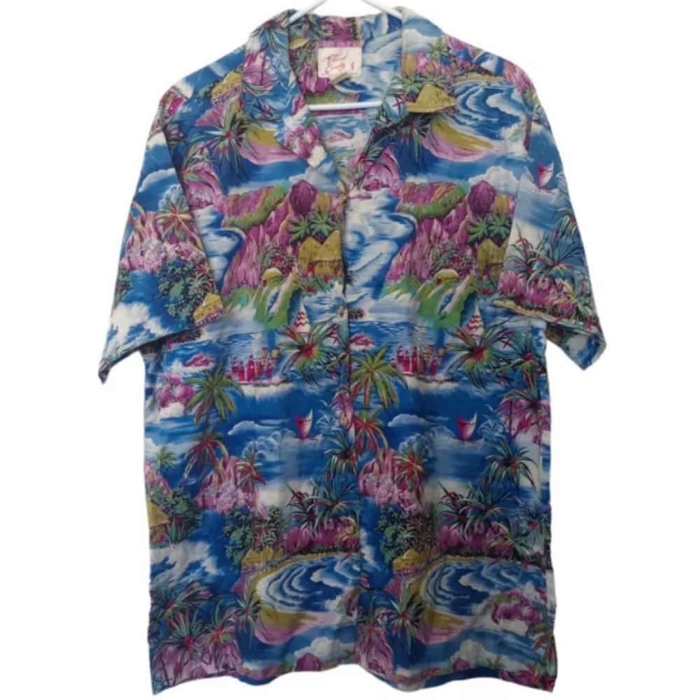 Island Candy Men's Short Sleeve Button Front Shirt XL Blue Aloha Hawaiian Casual